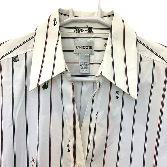 Chico's Cat Print Button Up Shirt 1 US8 M Womens White Business Casual Preppy - Picture 3 of 10